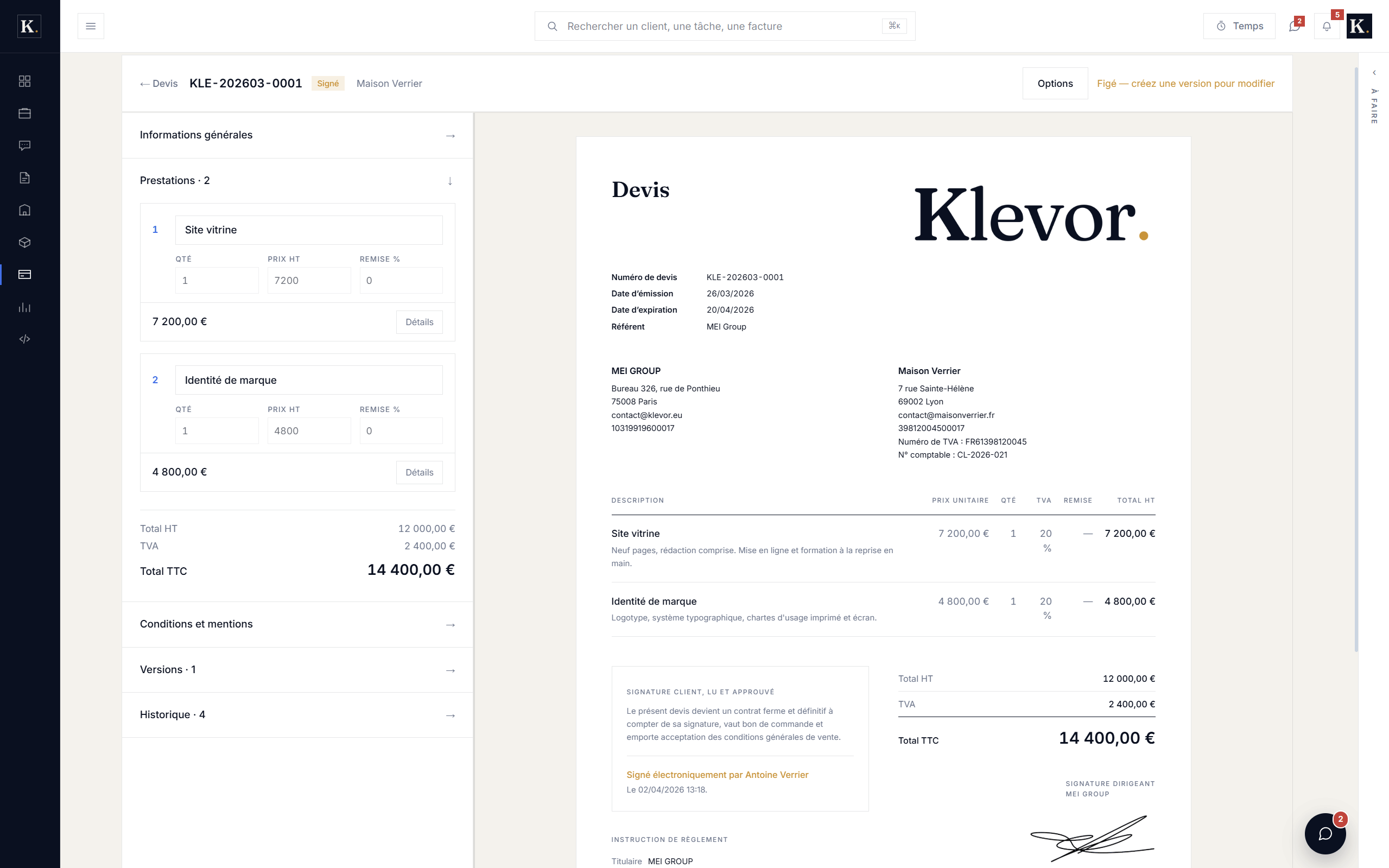 Un devis Klevor en cours de rédaction, avec ses lignes tirées du catalogue d'offres