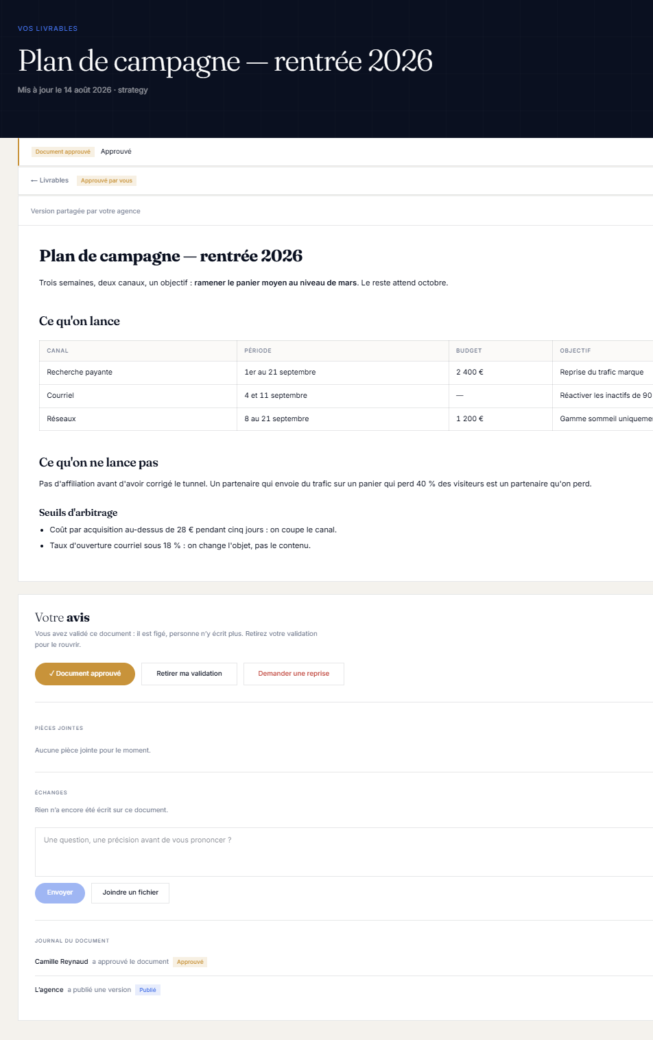 La page Livrables de l'extranet, côté client, avec l'état de validation de chaque document