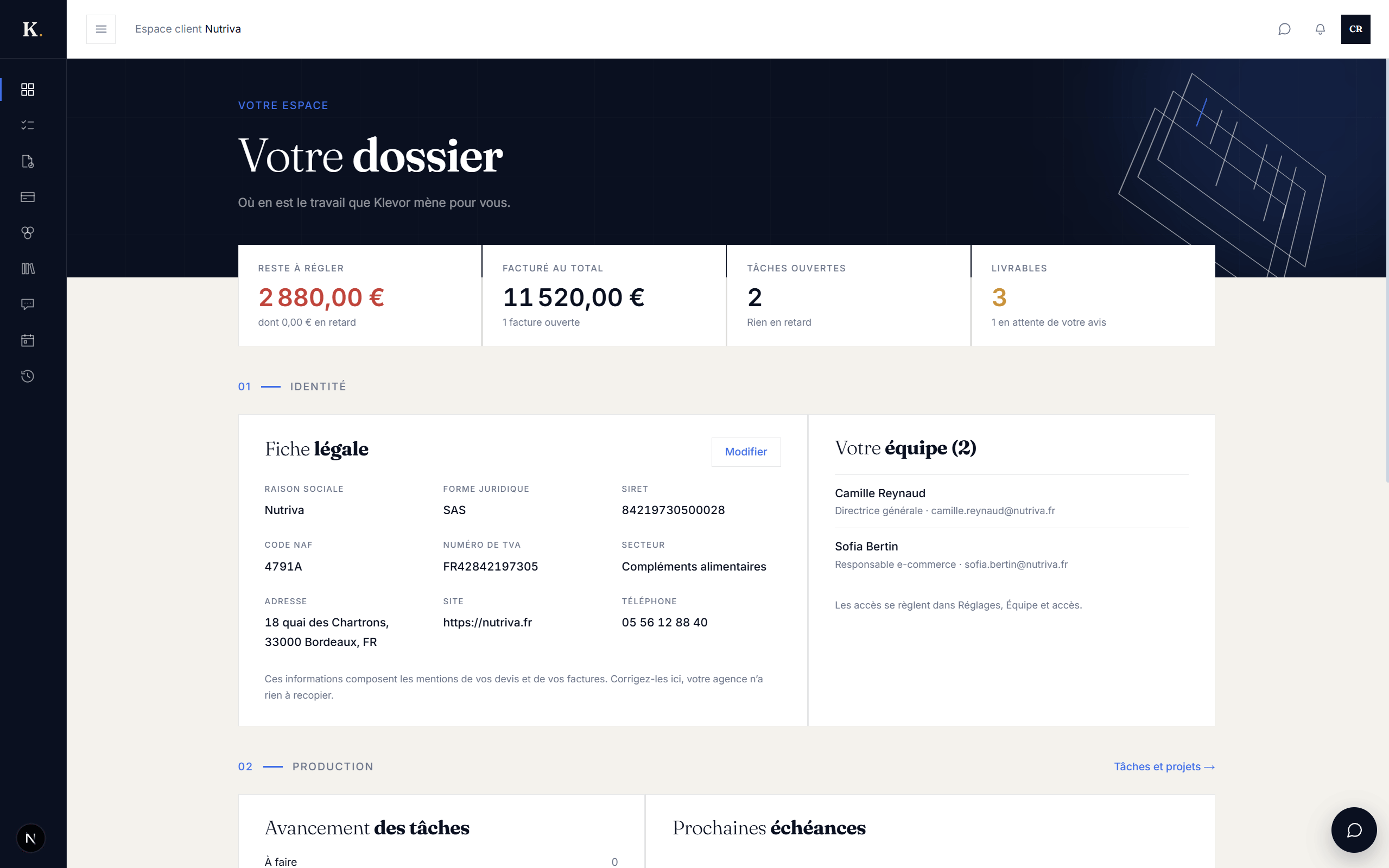 La page d'accueil de l'extranet, côté client, avec l'avancement de son dossier