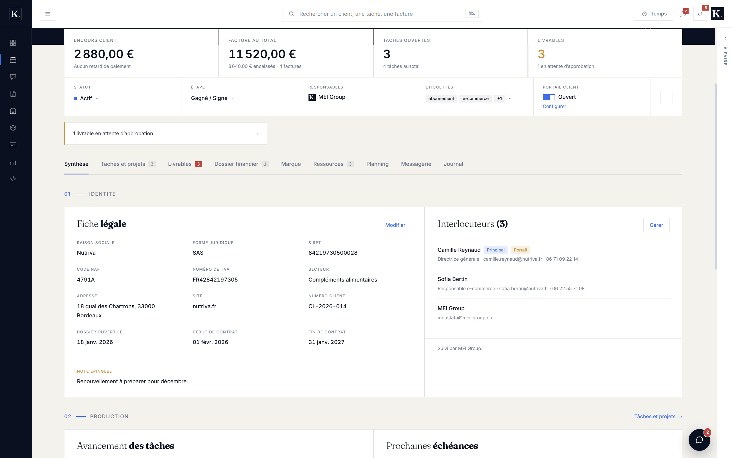 La fiche client 360 de Klevor : identité, contacts, projets et encours sur un seul écran