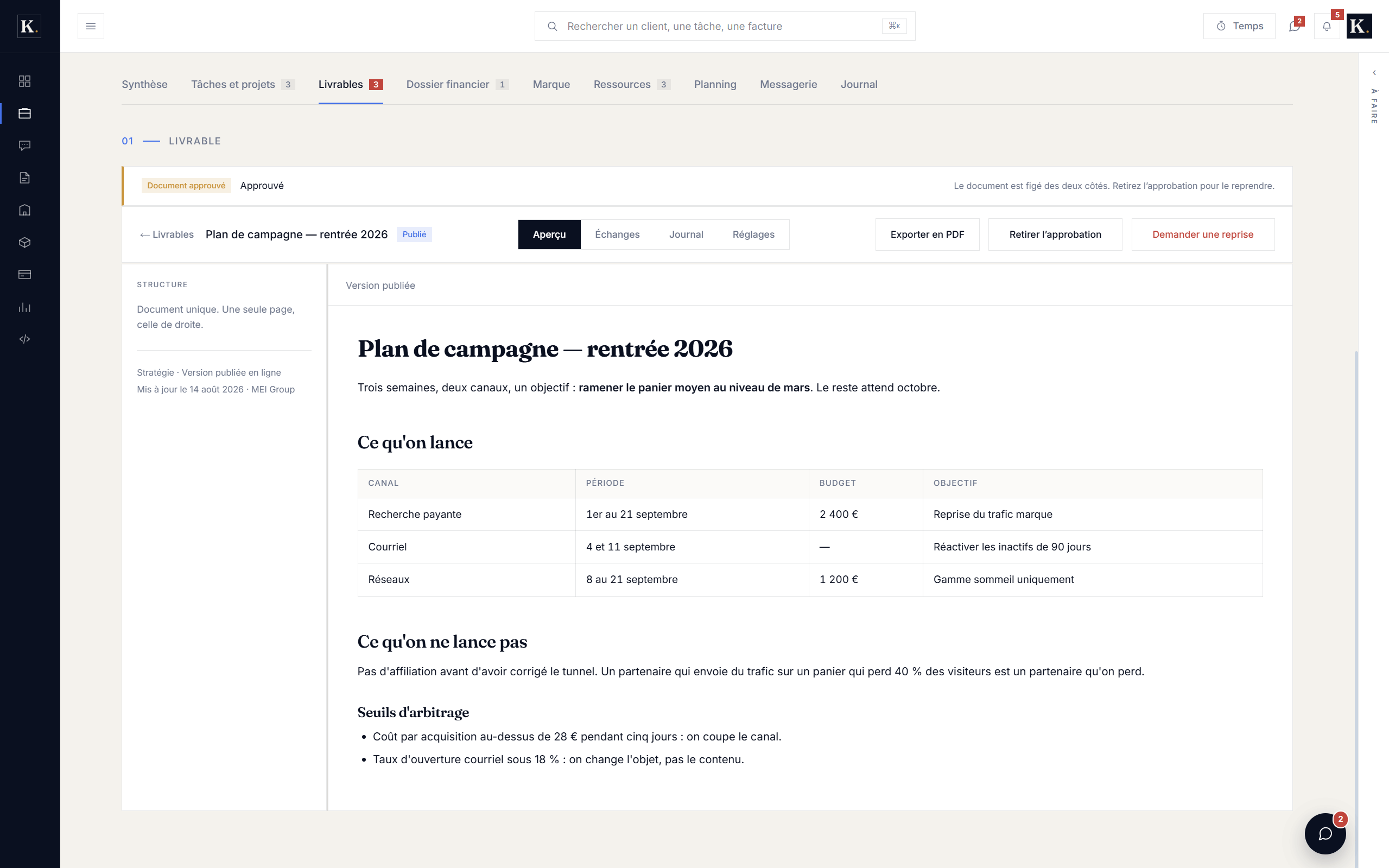 La banque de modèles de livrables de Klevor
