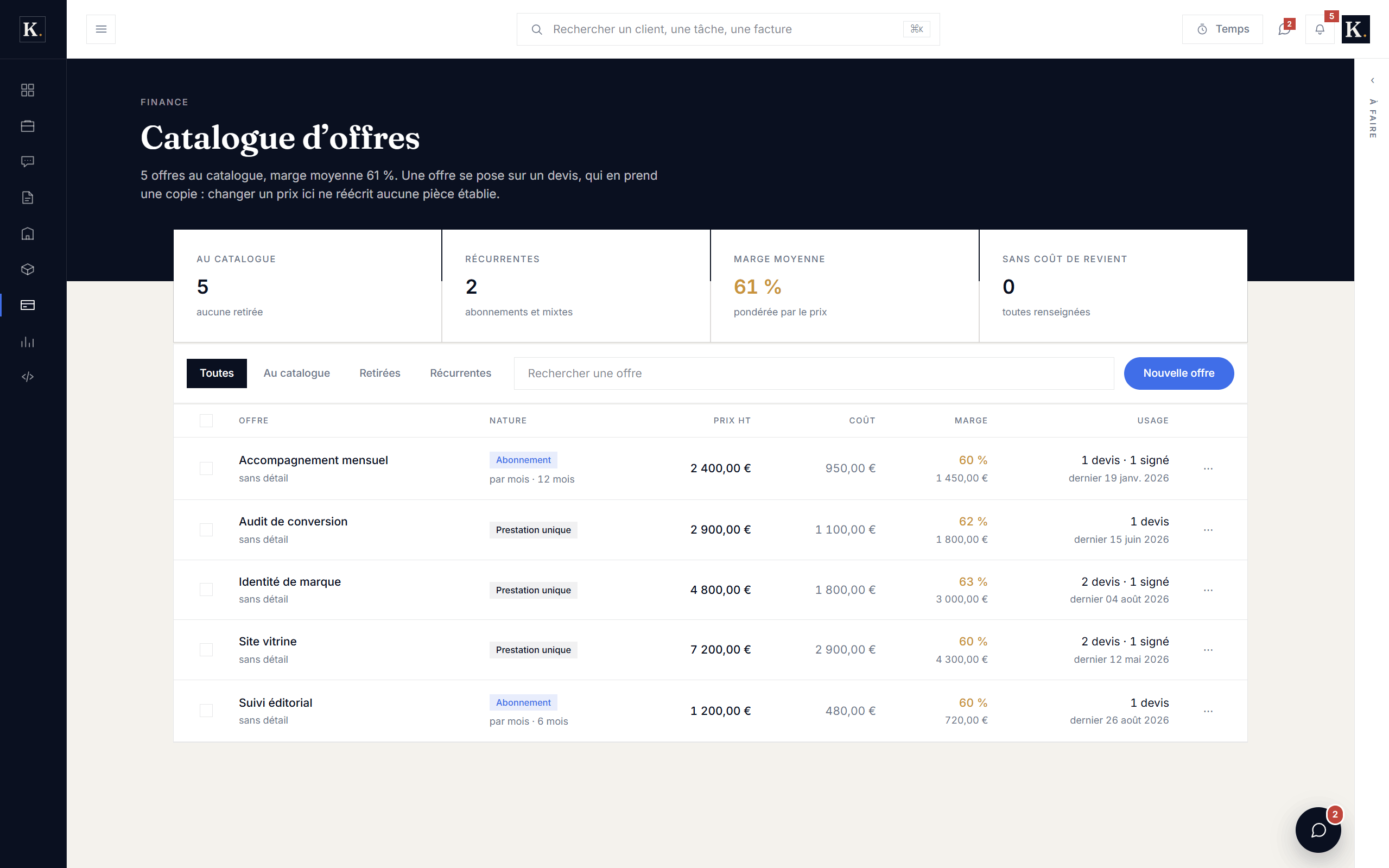 Le catalogue d'offres de Klevor, où se composent les devis